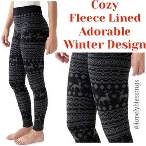 Jacquard Fleece Lined Leggings Nordic Fair Isle Winter Snowflakes Deer Blac Grey